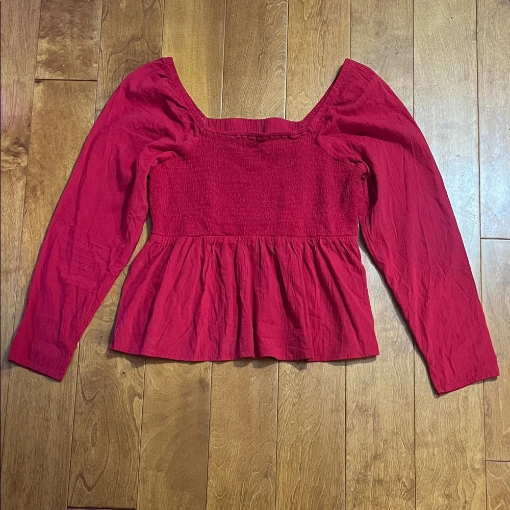 Old Navy Smocked Peplum Top Large Red Boho Festival Cottagecore Long Sleeve